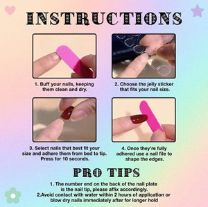 An instructional graphic with a pastel rainbow background detailing four steps for applying press-on nails. It features photos of a pink nail buffer, clear jelly adhesive stickers, a dark red nail, and text instructions for application.