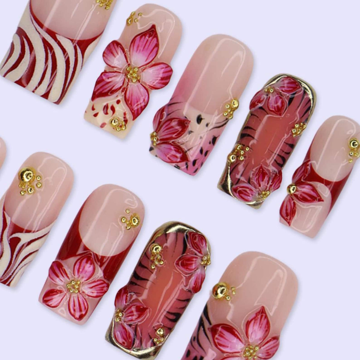Summer Press On Nails With Hibiscus Flowers, Palm Leaf & Gold Chrome Details | Medium Square Fake Nails | Handmade Nail Art For Holiday