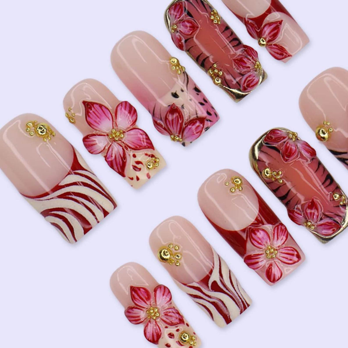 Summer Press On Nails With Hibiscus Flowers, Palm Leaf & Gold Chrome Details | Medium Square Fake Nails | Handmade Nail Art For Holiday