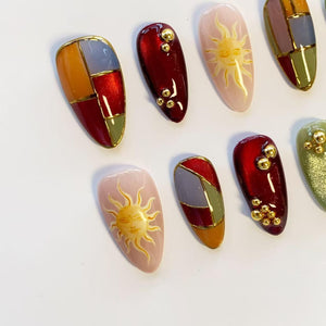 Sun Totem Nails/Press On Nails Long Almond Nails/Stained Glass Nails/Color Block Gold Line Nails/Retro Art Nails/Autumn Nails/Custom Nails image 4