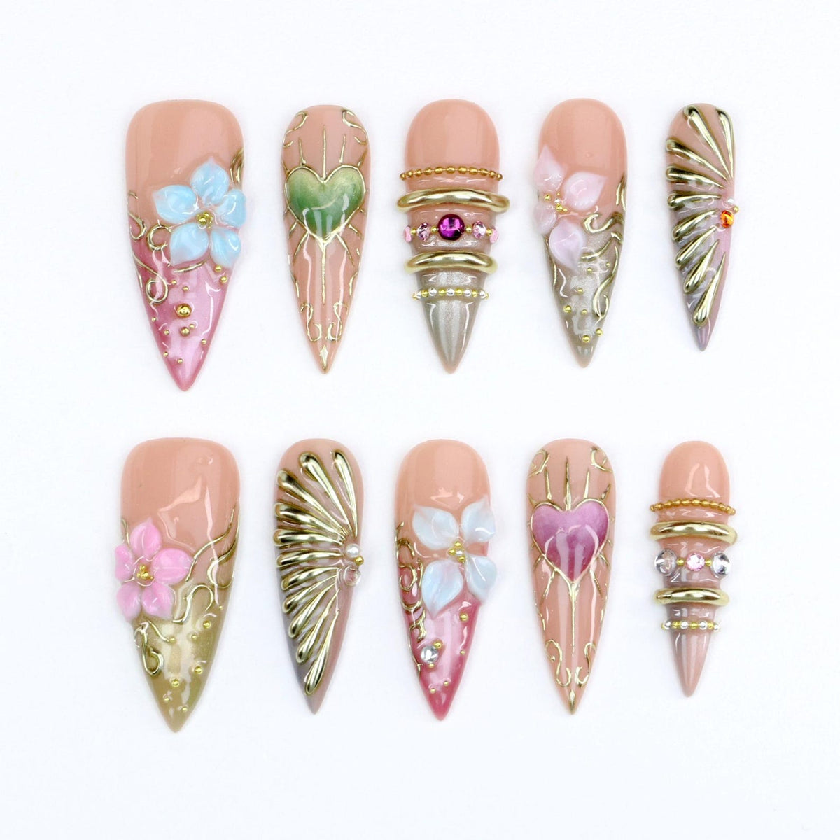 Fairycore Stiletto Press On Nails/3D Blooming Flower Gold bangle Fake Nails,bridal Nails,heart nails,cottagecore floral nails/Birthday nails image 1