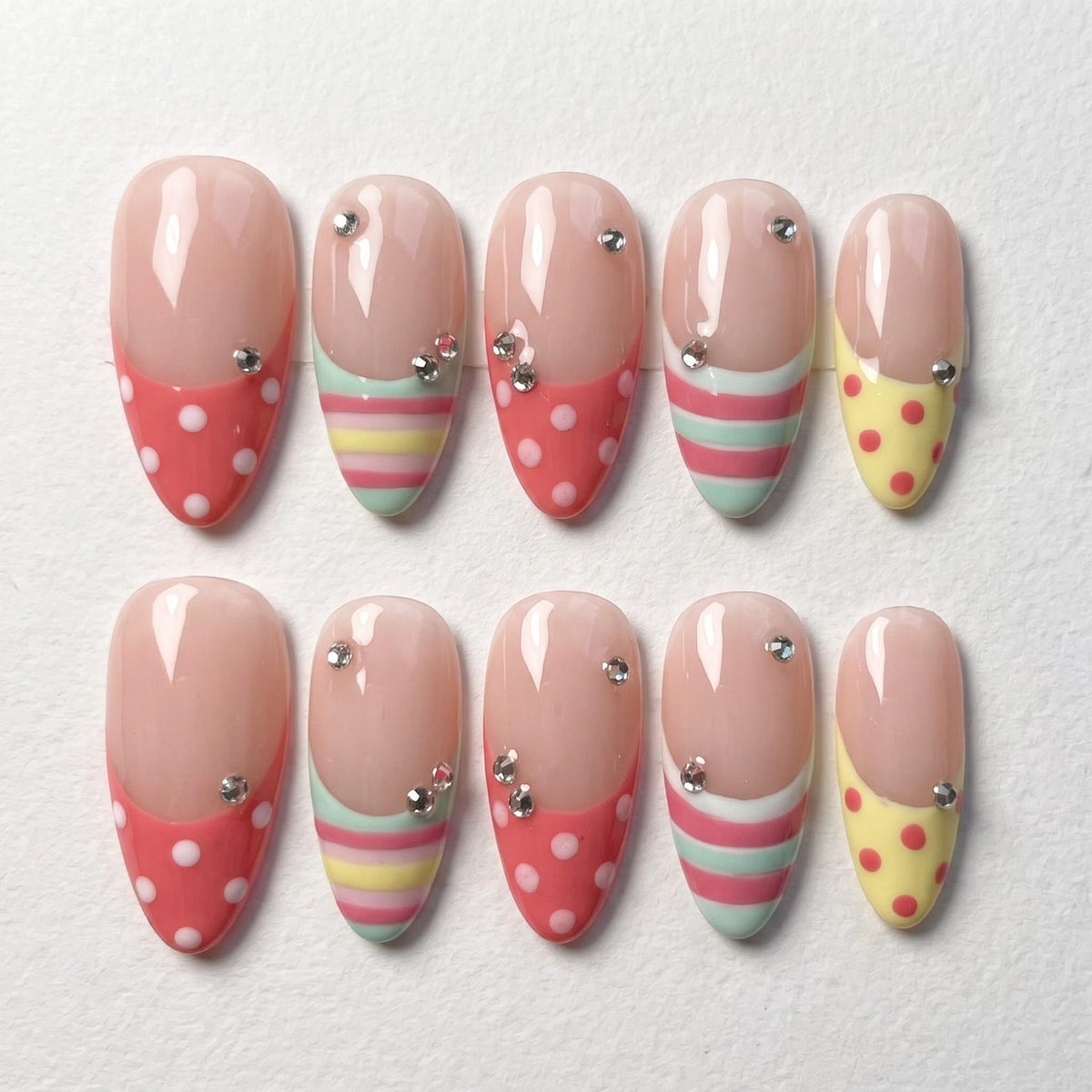 Hand-Painted Pastel French Tip Press On Nails, Polka Dot Stripe Set image 1