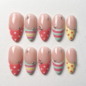 Hand-Painted Pastel French Tip Press On Nails, Polka Dot Stripe Set image 1