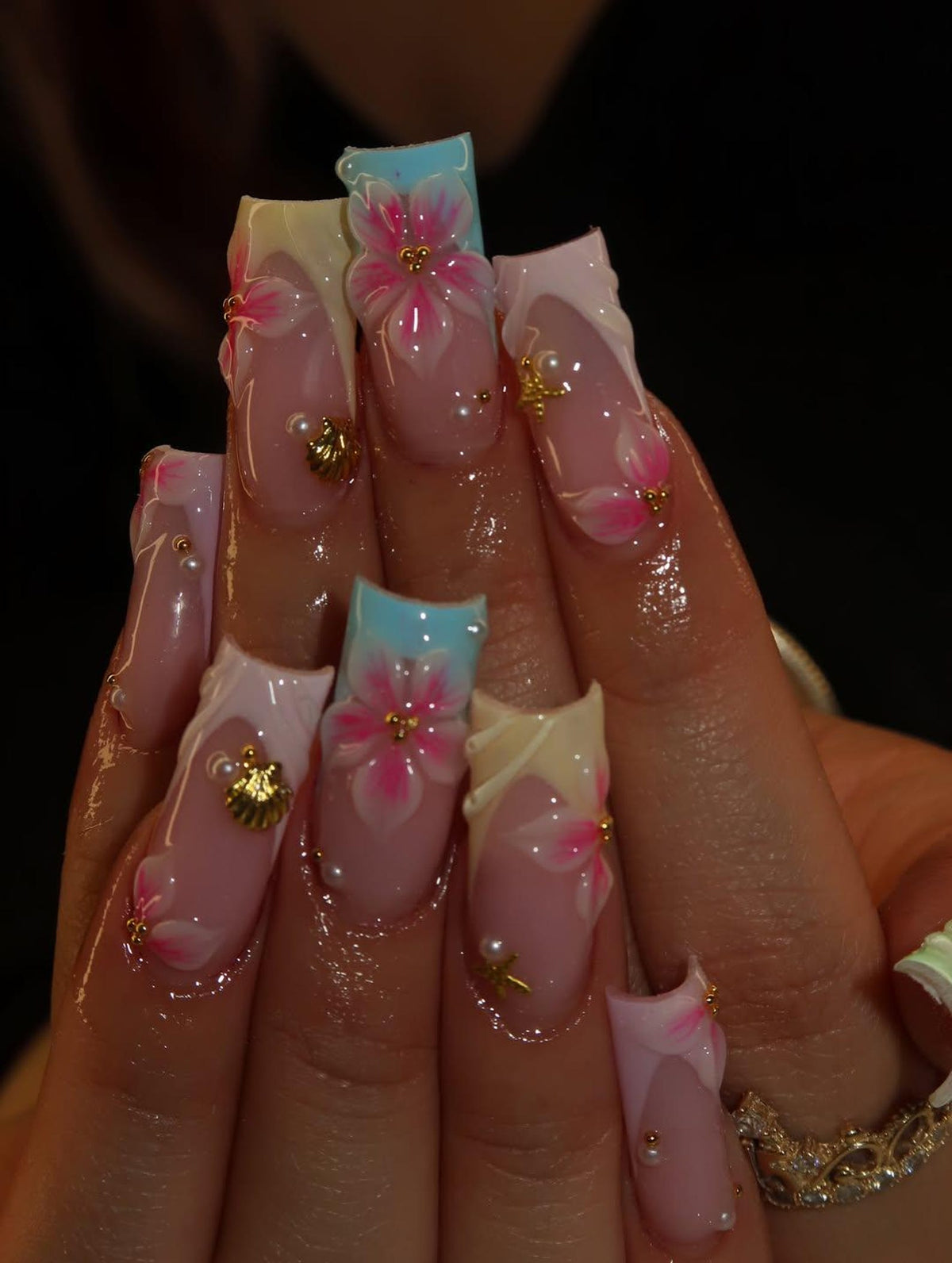Pastel Mermaid Press On Nails With 3D Flower And Gold Charm | Long Square Fake Nails | Sweet Handmade Nail Art For Summer And Beach image 1