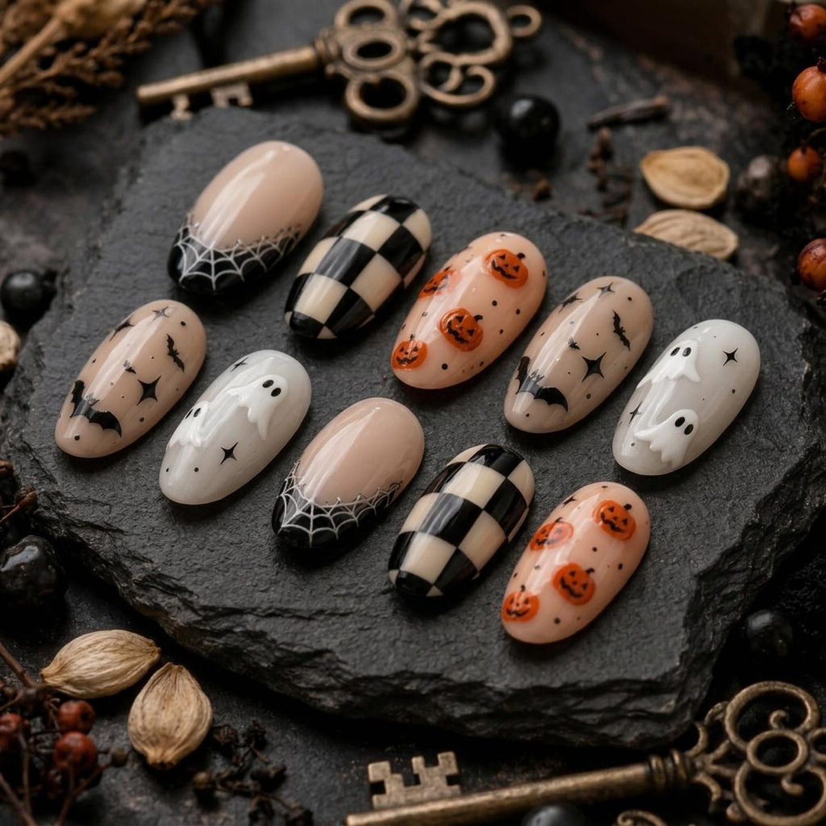 A set of ten oval-shaped press-on nails featuring various Halloween-themed designs including black and white spiderwebs, black and white checkered patterns, orange jack-o'-lanterns, black bats with stars, and white ghosts on a neutral base.
