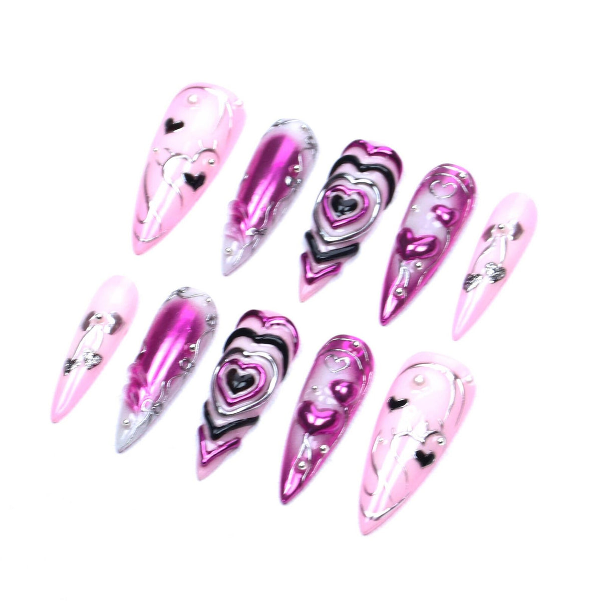Gothic Chrome Pink Heart Stiletto Press On Nails/3D Silver Wire Nails/Grunge Nails/Dark Sweet Nails/Birthday Nails/Party nails/Custom Nails image 5