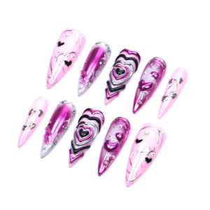 Gothic Chrome Pink Heart Stiletto Press On Nails/3D Silver Wire Nails/Grunge Nails/Dark Sweet Nails/Birthday Nails/Party nails/Custom Nails image 5