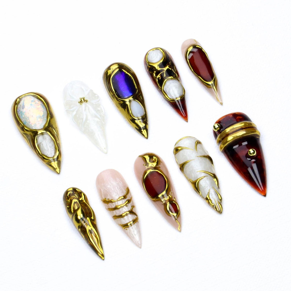 Amber Opal Chrome Gold Wire Frame Press On Nails/White Floral Tortoise Shell Baroque Luxury Stiletto Fake Nails for Party Birthday,Gift image 4