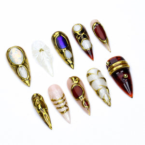 Amber Opal Chrome Gold Wire Frame Press On Nails/White Floral Tortoise Shell Baroque Luxury Stiletto Fake Nails for Party Birthday,Gift image 4