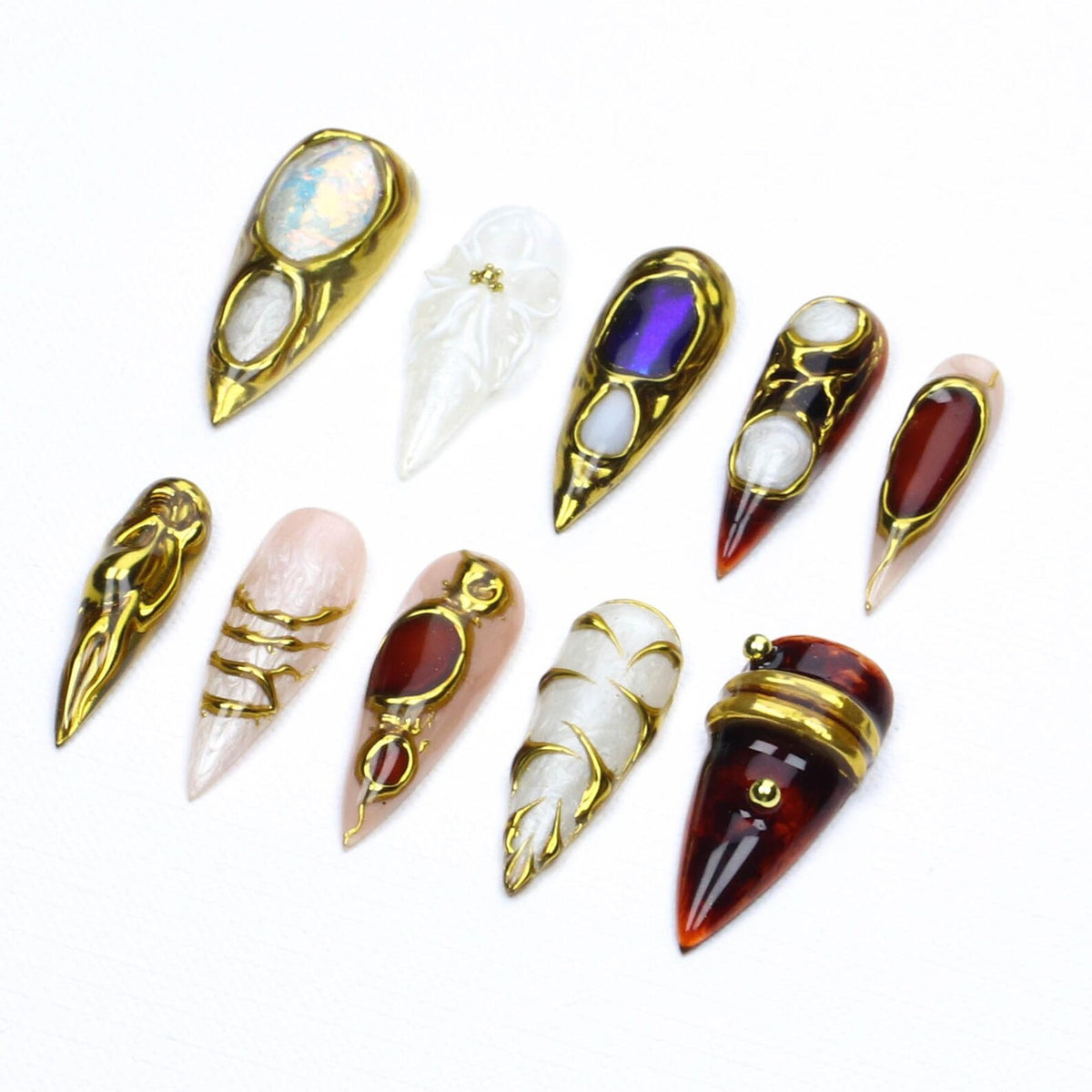Amber Opal Chrome Gold Wire Frame Press On Nails/White Floral Tortoise Shell Baroque Luxury Stiletto Fake Nails for Party Birthday,Gift image 5