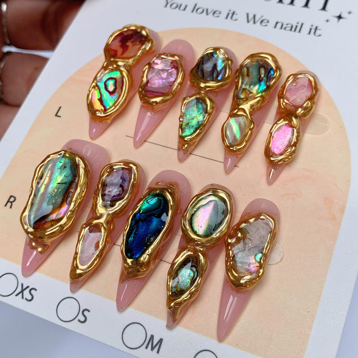 Luxury Abalone Shell Press On Nails | Gold Frame 3D Nails | Mermaid Ocean Nails | Handmade Almond Fake Nails Reusable image 6