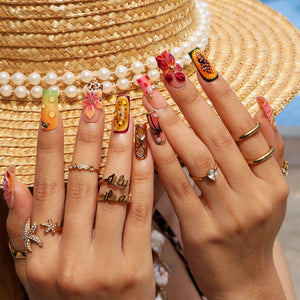 Tropical Summer Press On Nails With Hibiscus Flowers & Papaya Fruit  | Medium Square Fake Nail | Handmade Nail For Vacation & Holiday