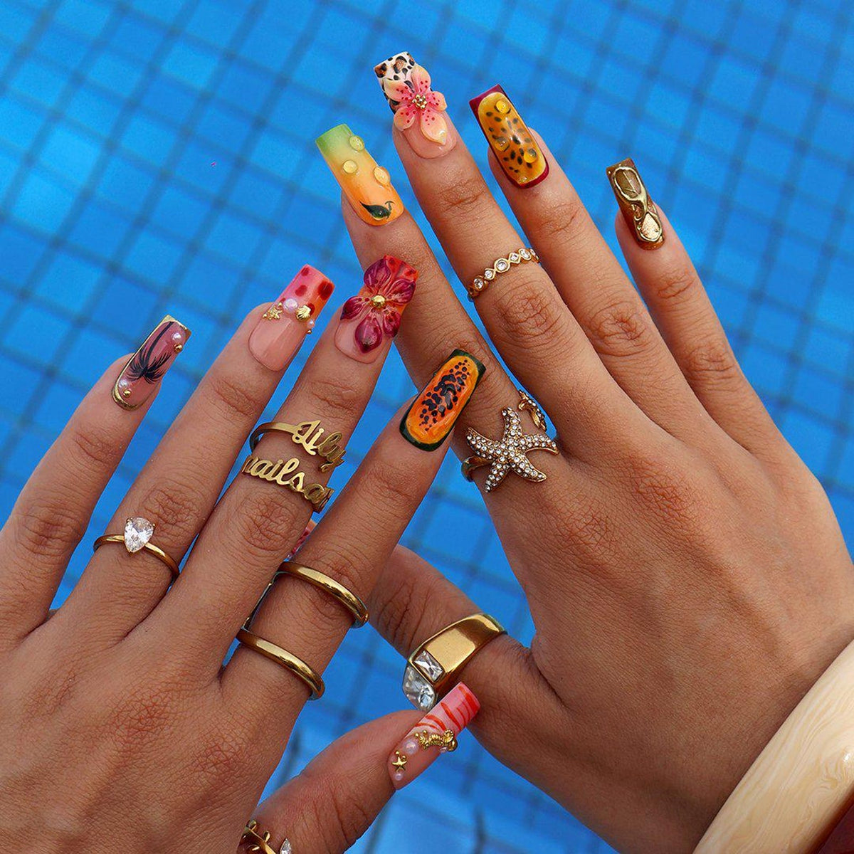 Tropical Summer Press On Nails With Hibiscus Flowers & Papaya Fruit  | Medium Square Fake Nail | Handmade Nail For Vacation & Holiday