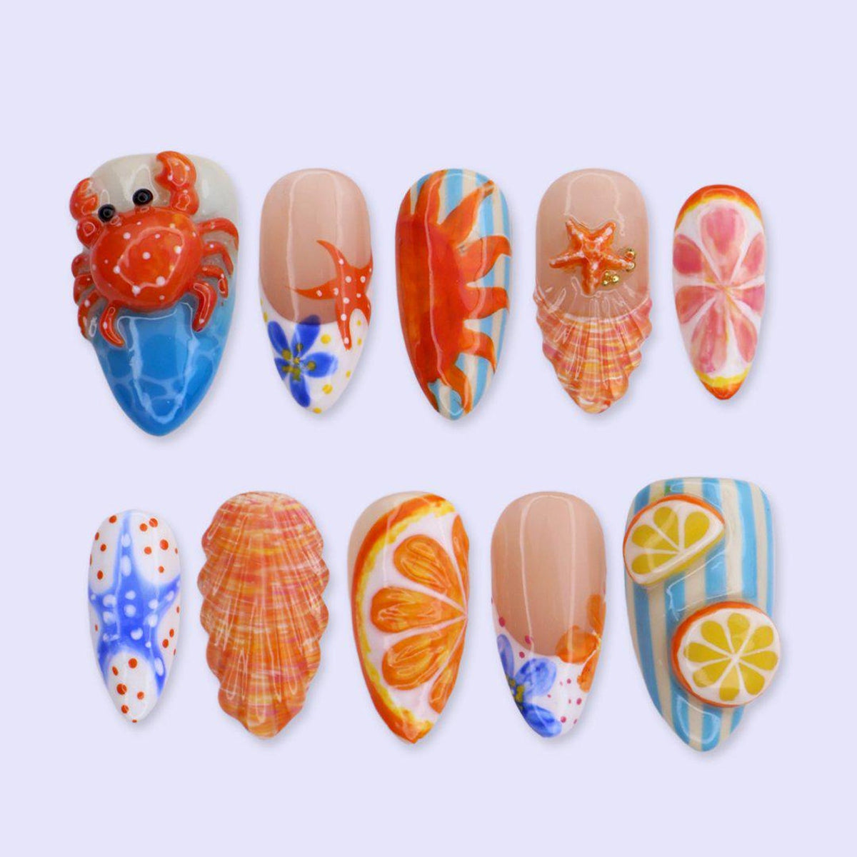 Summer Press On Nails With Seashell, Coastal Crab & Starfish | Medium Almond Fake Nails | Handmade Nails Art Beach Vacation Ocean