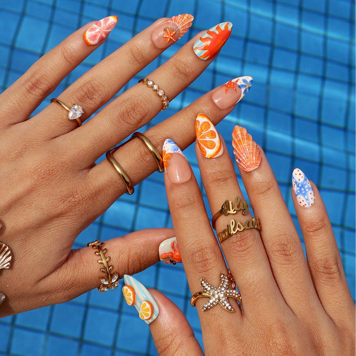 Summer Press On Nails With Seashell, Coastal Crab & Starfish | Medium Almond Fake Nails | Handmade Nails Art Beach Vacation Ocean