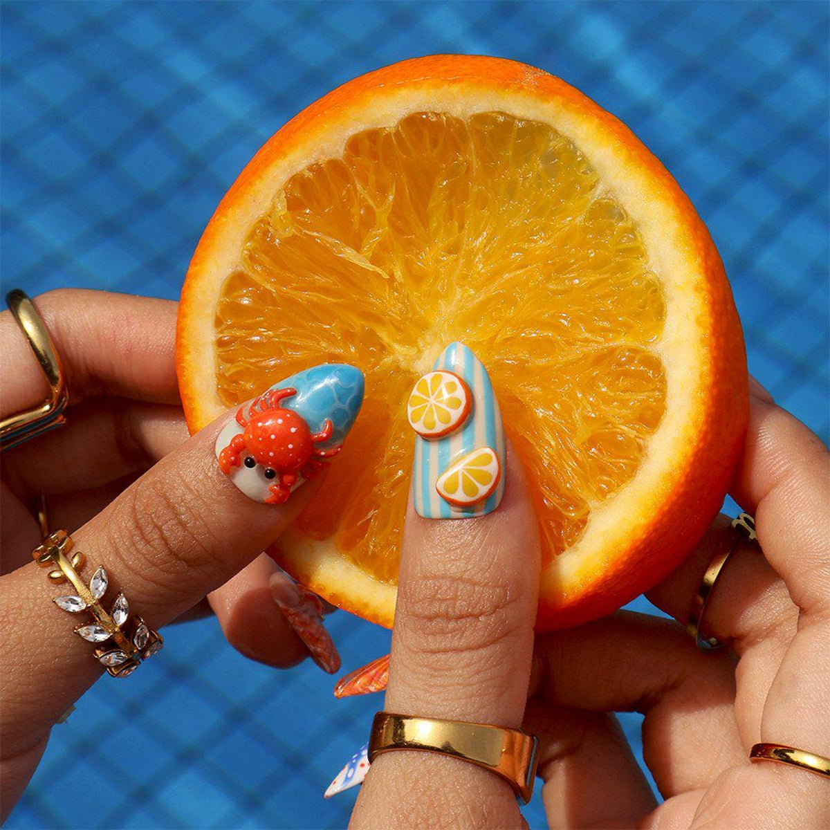 Summer Press On Nails With Seashell, Coastal Crab & Starfish | Medium Almond Fake Nails | Handmade Nails Art Beach Vacation Ocean