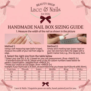 A pink informational graphic titled HANDMADE NAIL BOX SIZING GUIDE for Beauty Shop Lace & Nails Est 2026. It features two methods for measuring nail width using a measuring tape and masking tape, plus a sizing table in millimeters.