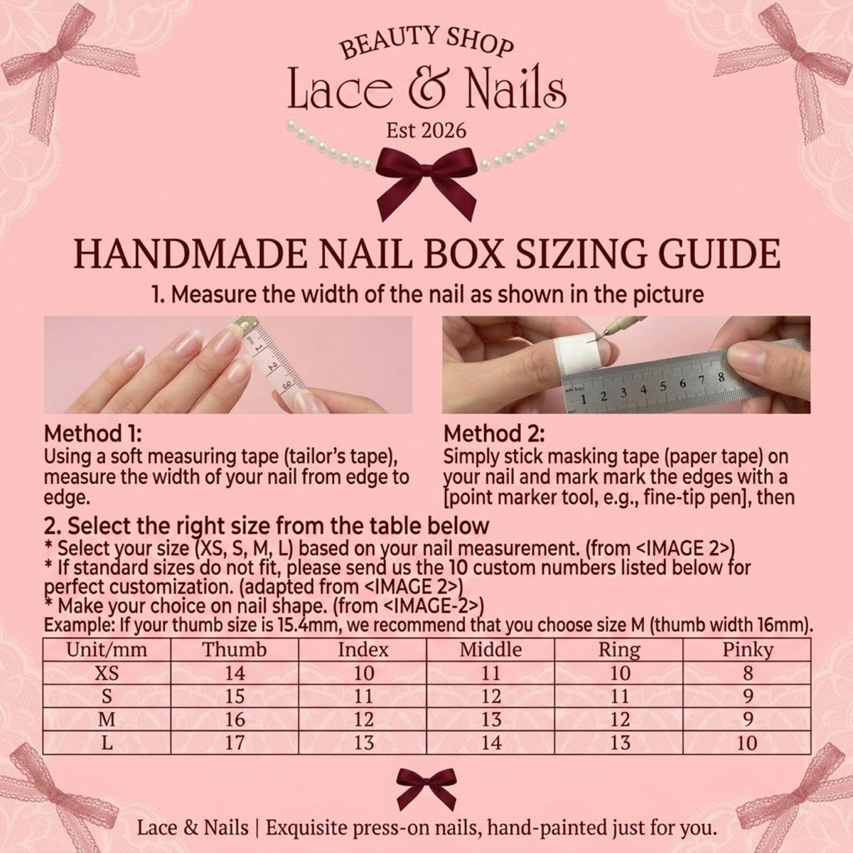 A pink informational graphic titled HANDMADE NAIL BOX SIZING GUIDE for Beauty Shop Lace & Nails Est 2026. It features two methods for measuring nail width using a measuring tape and masking tape, plus a sizing table in millimeters.