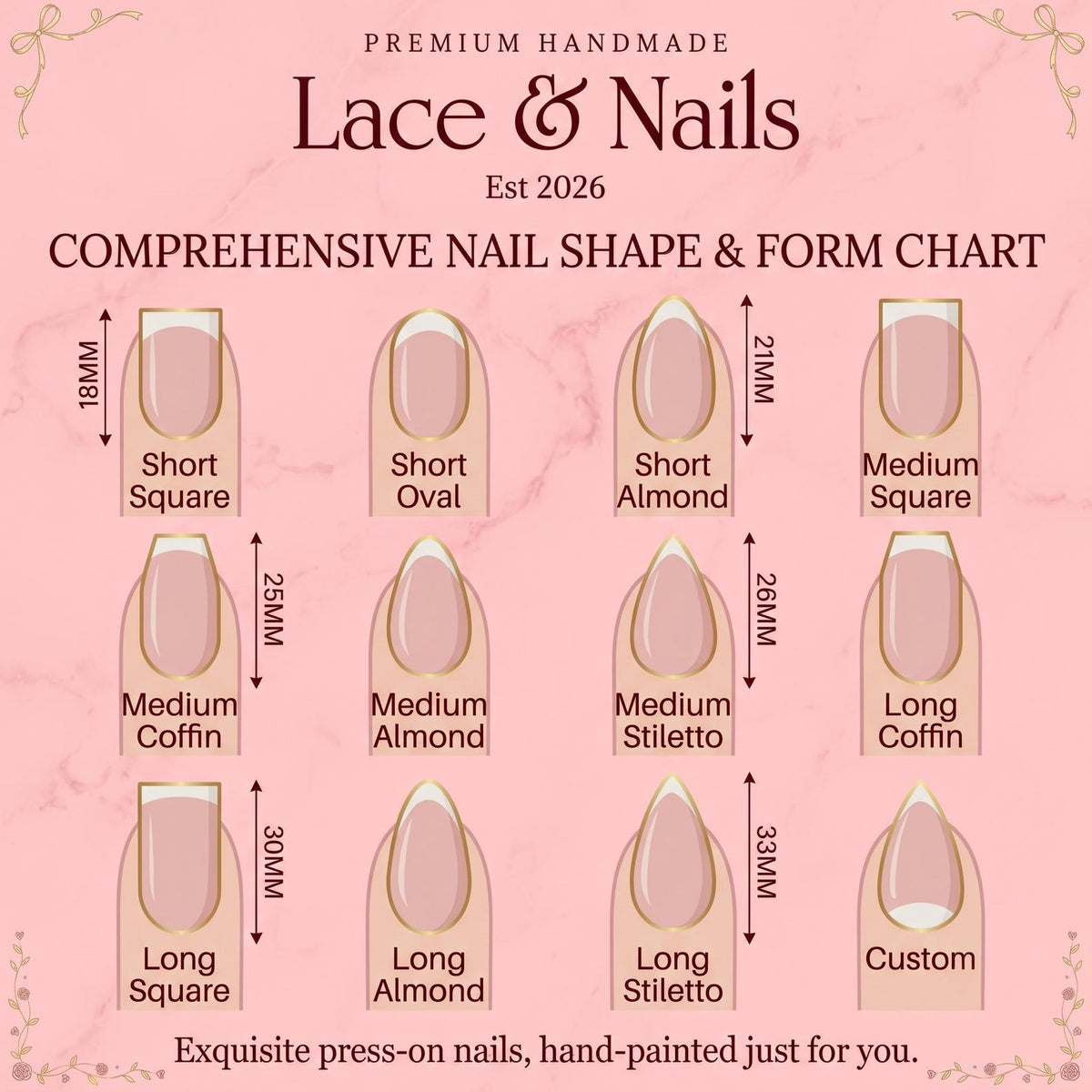 A comprehensive nail shape and form chart titled Lace & Nails Est 2026. The chart displays twelve nail shapes including short square, short oval, short almond, medium square, medium coffin, medium almond, medium stiletto, long coffin, long square, lo