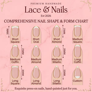 A comprehensive nail shape and form chart titled Lace & Nails Est 2026. The chart displays twelve nail shapes including short square, short oval, short almond, medium square, medium coffin, medium almond, medium stiletto, long coffin, long square, lo