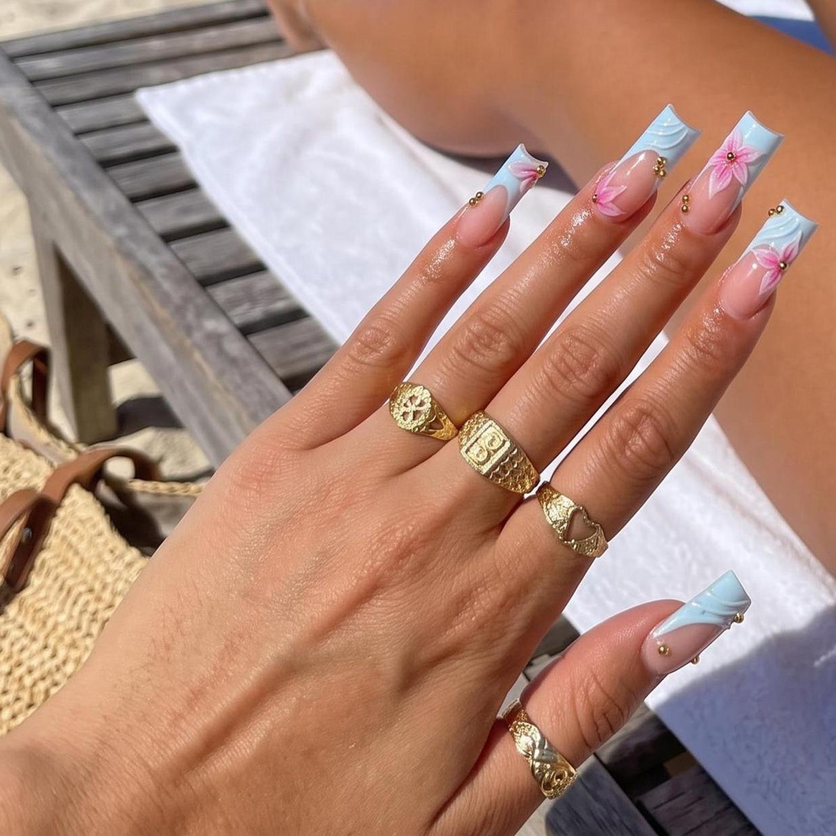3D Floral Press On Nails: Baby Blue French Tip, Long Square Nail Set image 2