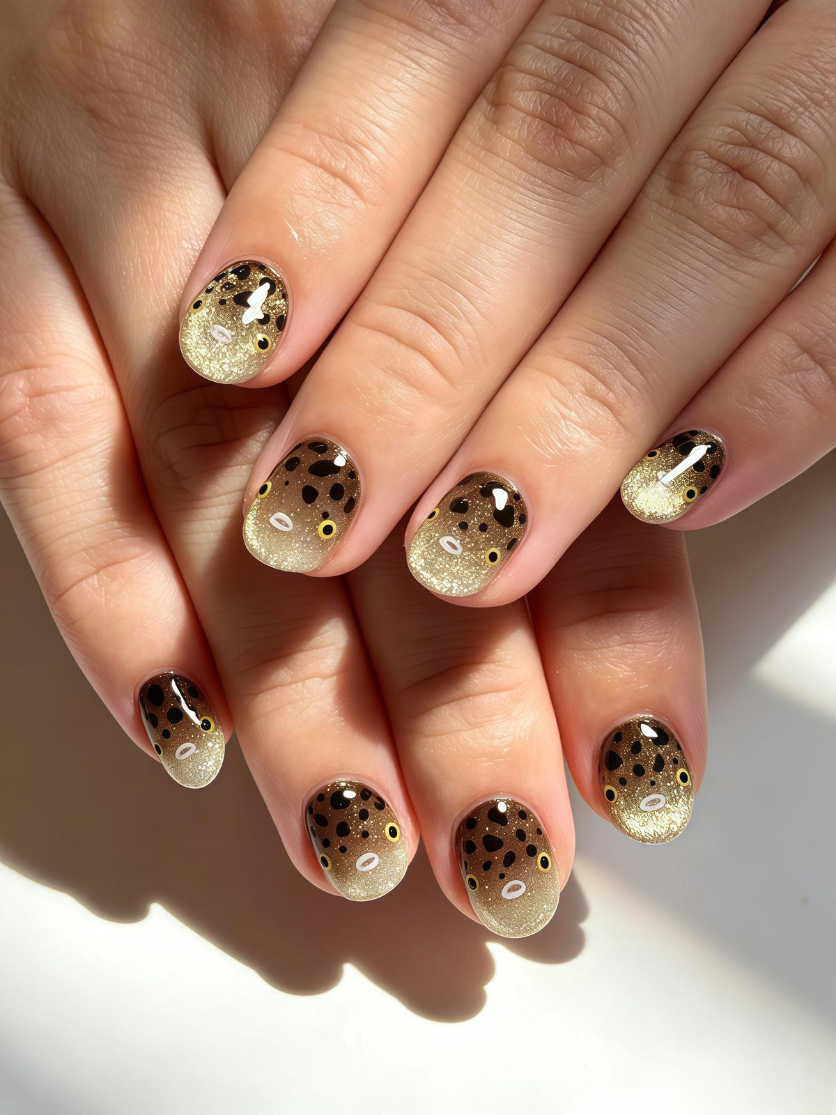 Short, rounded fingernails featuring a creative nail art design that mimics the appearance of a pufferfish. The base of each nail has a shimmering gold glitter gradient, transitioning into a dark brown top with black spots.
