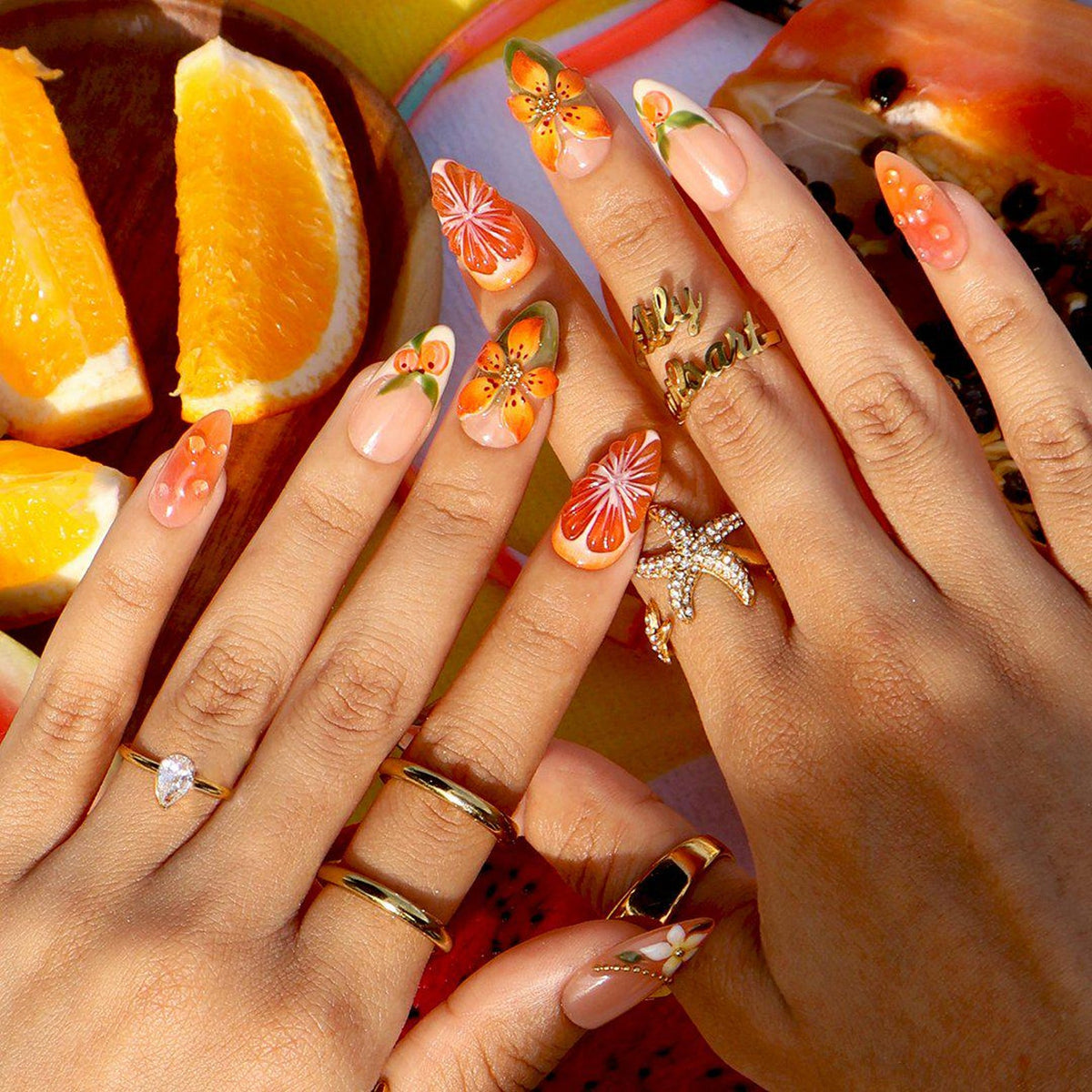 Summer Press On Nails With Orange Slice & 3D Floral Art | Medium Almond Fake Nails | Handmade Nail Art for Vacation, Picnic & Gift