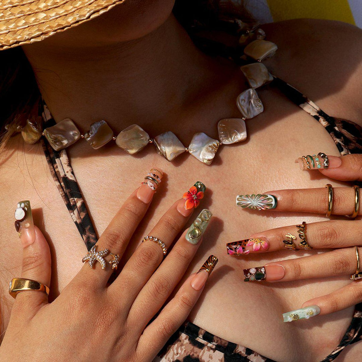 Tropical Luxe Press On Nails With Hibiscus 3D, Citrus Slice & Gold Chrome | Long Square Fake Nails | Handmade Nails Art for Summer
