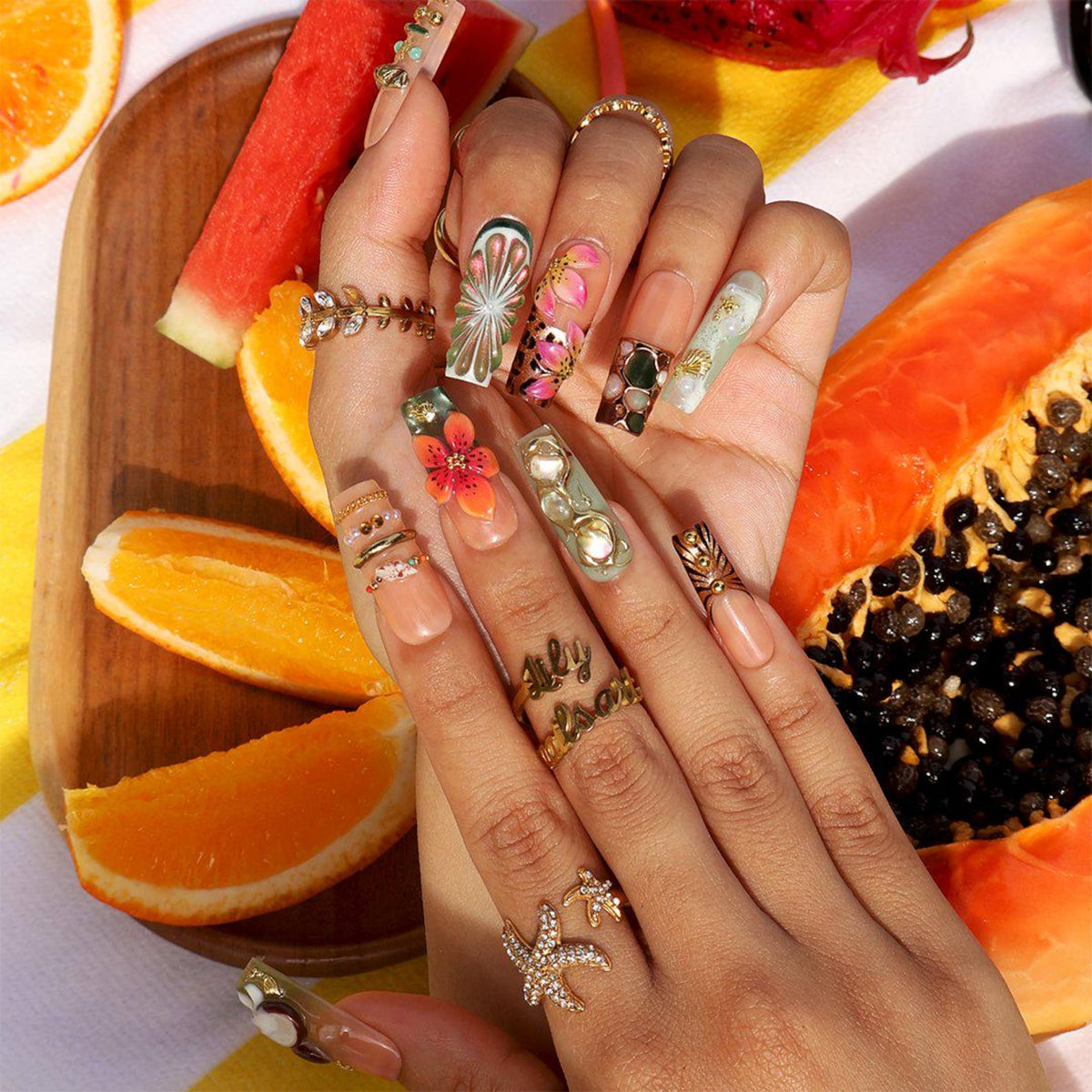 Tropical Luxe Press On Nails With Hibiscus 3D, Citrus Slice & Gold Chrome | Long Square Fake Nails | Handmade Nails Art for Summer