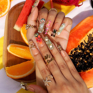 Tropical Luxe Press On Nails With Hibiscus 3D, Citrus Slice & Gold Chrome | Long Square Fake Nails | Handmade Nails Art for Summer