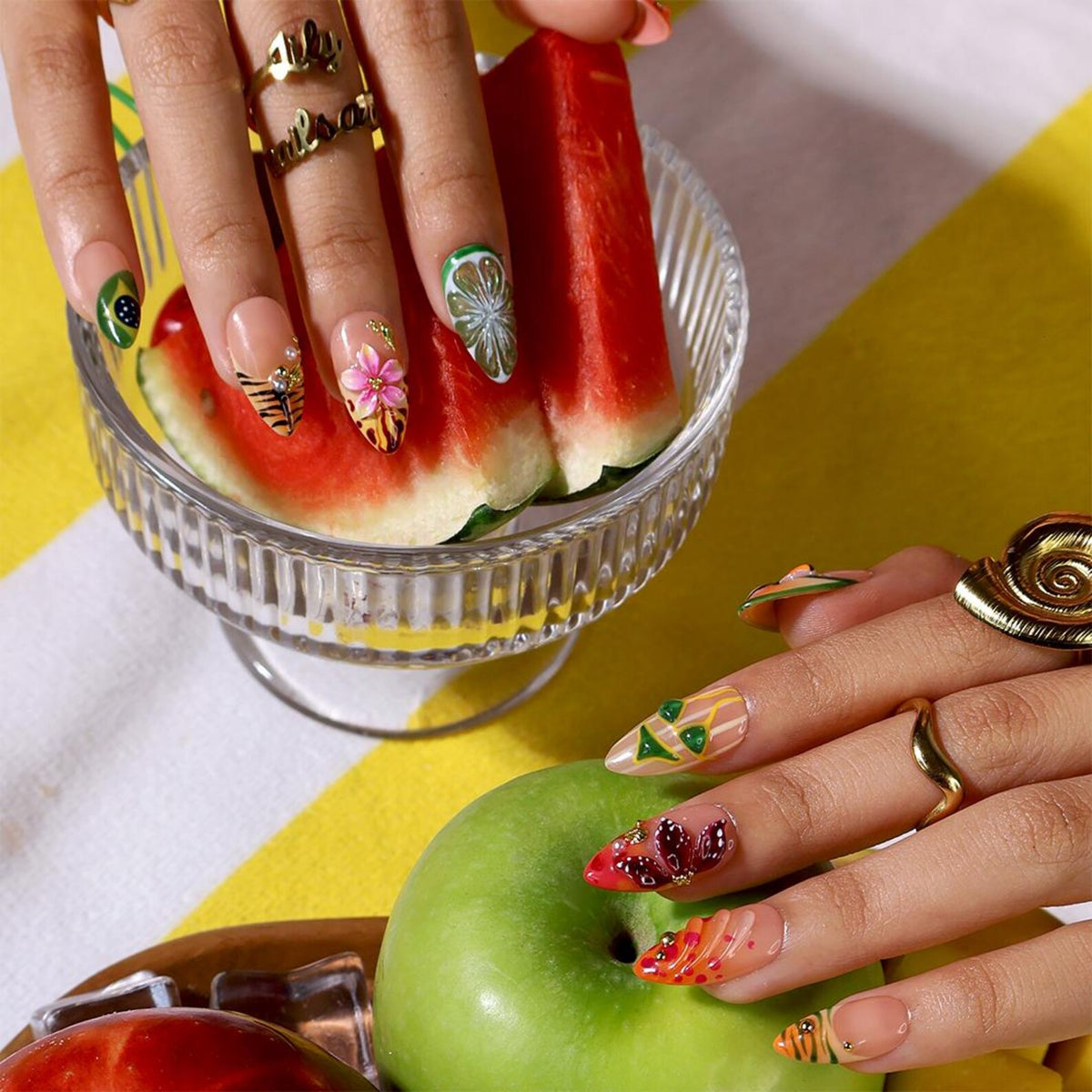 Tropical Toucan Press On Nails With Lime Slice & Jungle Leaf Art | Medium Almond Fake Nails | Handmade Nails Art Summer Vacation , Holiday