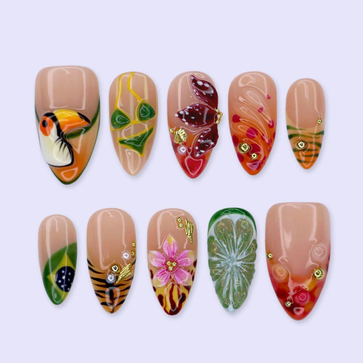 Tropical Toucan Press On Nails With Lime Slice & Jungle Leaf Art | Medium Almond Fake Nails | Handmade Nails Art Summer Vacation , Holiday