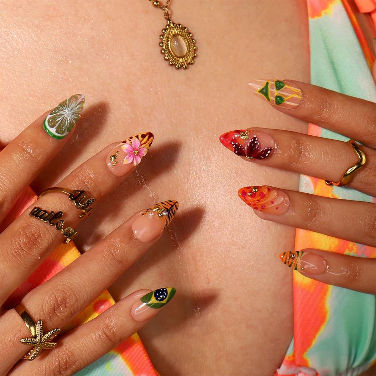 Tropical Toucan Press On Nails With Lime Slice & Jungle Leaf Art | Medium Almond Fake Nails | Handmade Nails Art Summer Vacation , Holiday