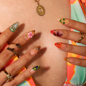 Tropical Toucan Press On Nails With Lime Slice & Jungle Leaf Art | Medium Almond Fake Nails | Handmade Nails Art Summer Vacation , Holiday