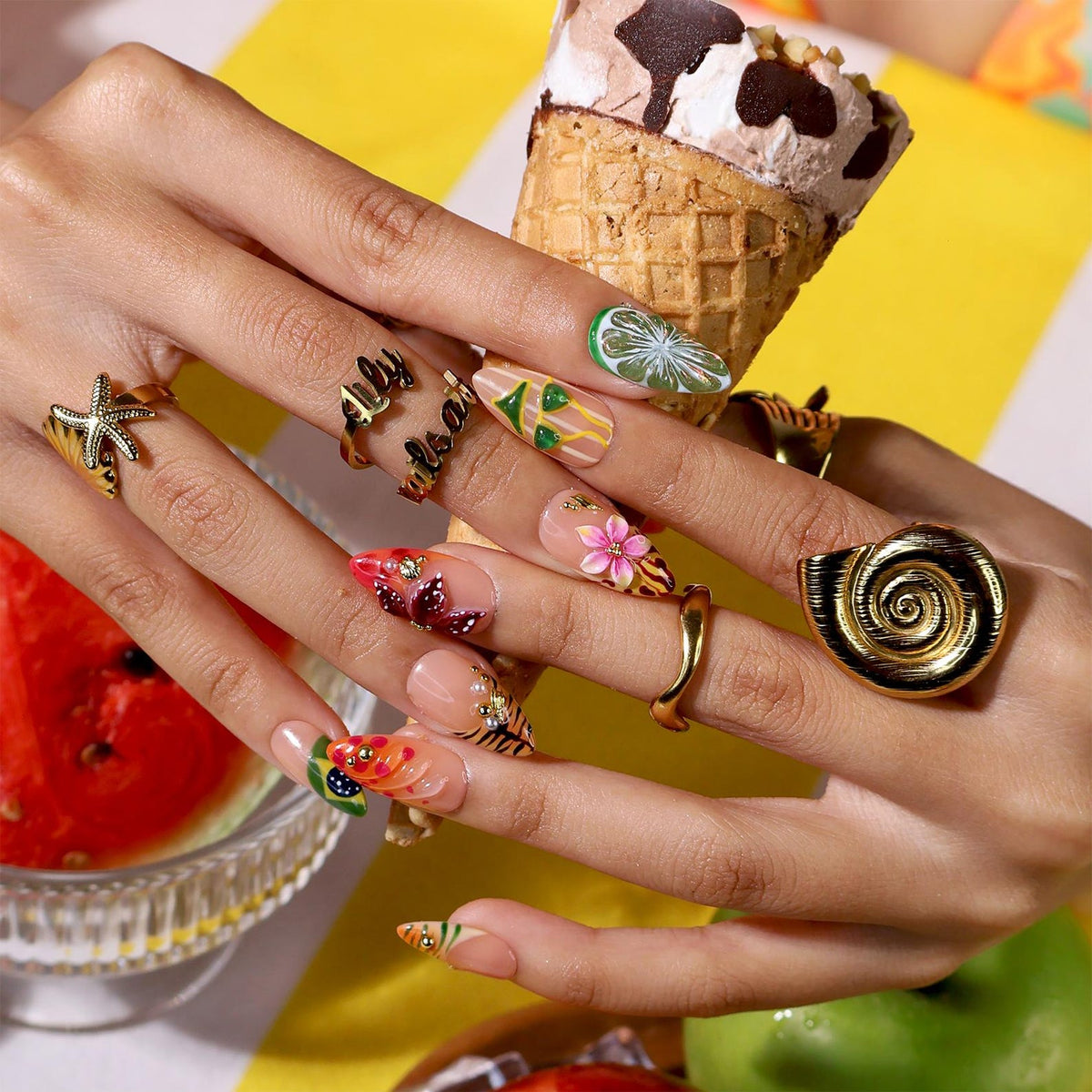 Tropical Toucan Press On Nails With Lime Slice & Jungle Leaf Art | Medium Almond Fake Nails | Handmade Nails Art Summer Vacation , Holiday