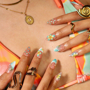 Summer Press On Nails With Aqua French Tips, Crystal Details & Gold Accents | Medium Almond Fake Nails | Handmade Nails Art Luxury Vacation
