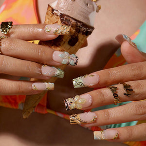 Luxury Press On Nails With Moon, Star & Gold Chrome Details | Medium Square Fake Nails | Handmade Nails Art For Summer Holiday & Party