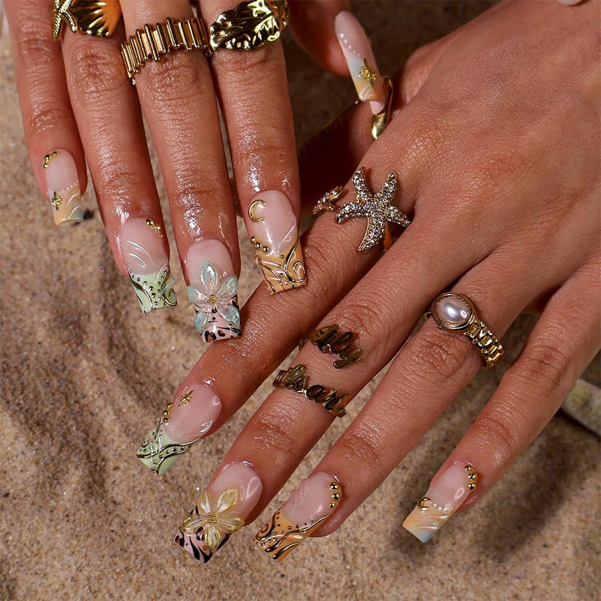 Luxury Press On Nails With Moon, Star & Gold Chrome Details | Medium Square Fake Nails | Handmade Nails Art For Summer Holiday & Party
