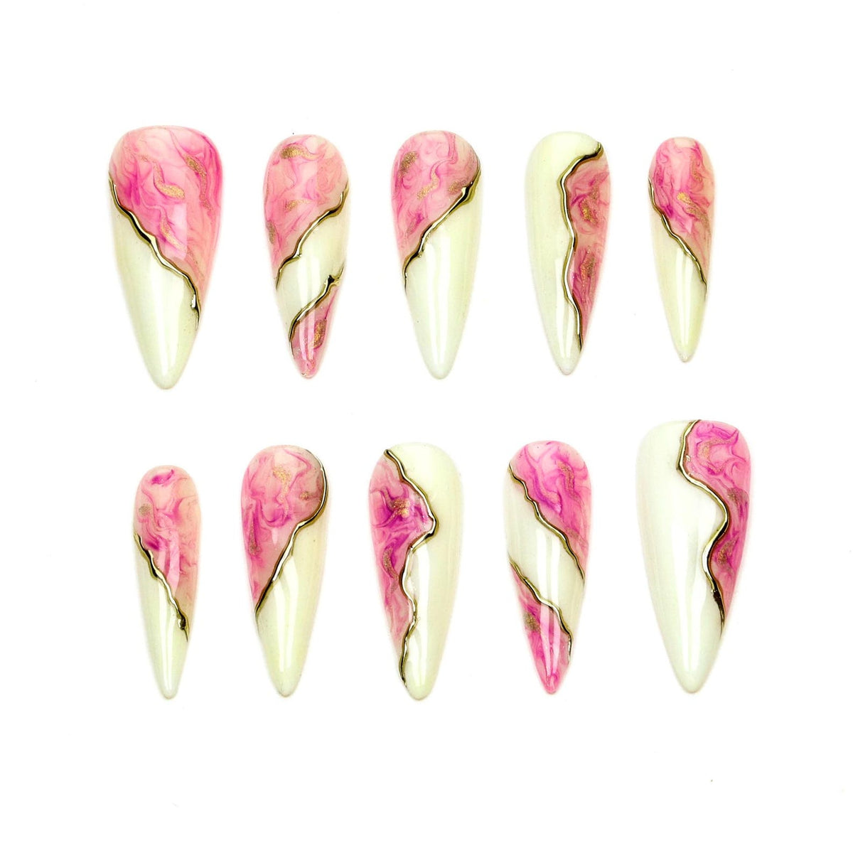 A set of ten almond-shaped press-on nails featuring a split design. One side is a creamy off-white, while the other side displays a swirling pink and white marble pattern. A thin, metallic gold line separates the two distinct sections.