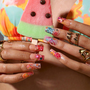 Summer Press On Nails With Sea Turtle, Pink Hibiscus, Palm Tree & Ocean Art | Medium Square Fake Nail | Handmade Nail Art For Beach Vacation