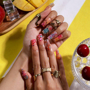 Summer Press On Nails With Sea Turtle, Pink Hibiscus, Palm Tree & Ocean Art | Medium Square Fake Nail | Handmade Nail Art For Beach Vacation