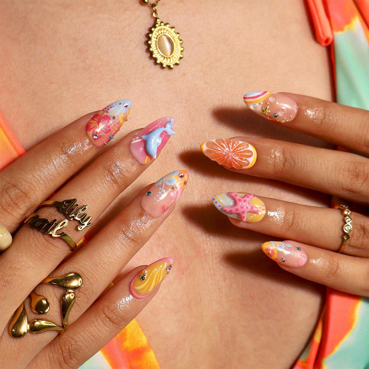 Summer Press On Nails With Dolphin, Citrus & Starfish | Medium  Almond Fake Nails | Handmade Nails Art For Luxury Beach Vacation and Gift