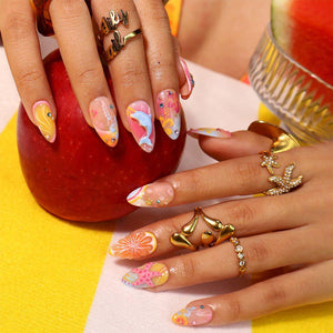 Summer Press On Nails With Dolphin, Citrus & Starfish | Medium  Almond Fake Nails | Handmade Nails Art For Luxury Beach Vacation and Gift