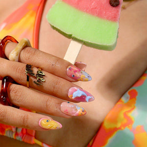 Summer Press On Nails With Dolphin, Citrus & Starfish | Medium  Almond Fake Nails | Handmade Nails Art For Luxury Beach Vacation and Gift