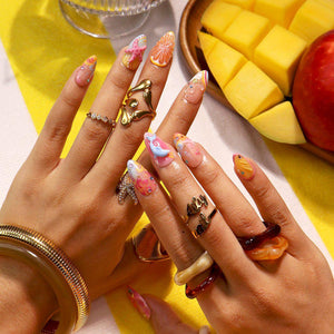 Summer Press On Nails With Dolphin, Citrus & Starfish | Medium  Almond Fake Nails | Handmade Nails Art For Luxury Beach Vacation and Gift