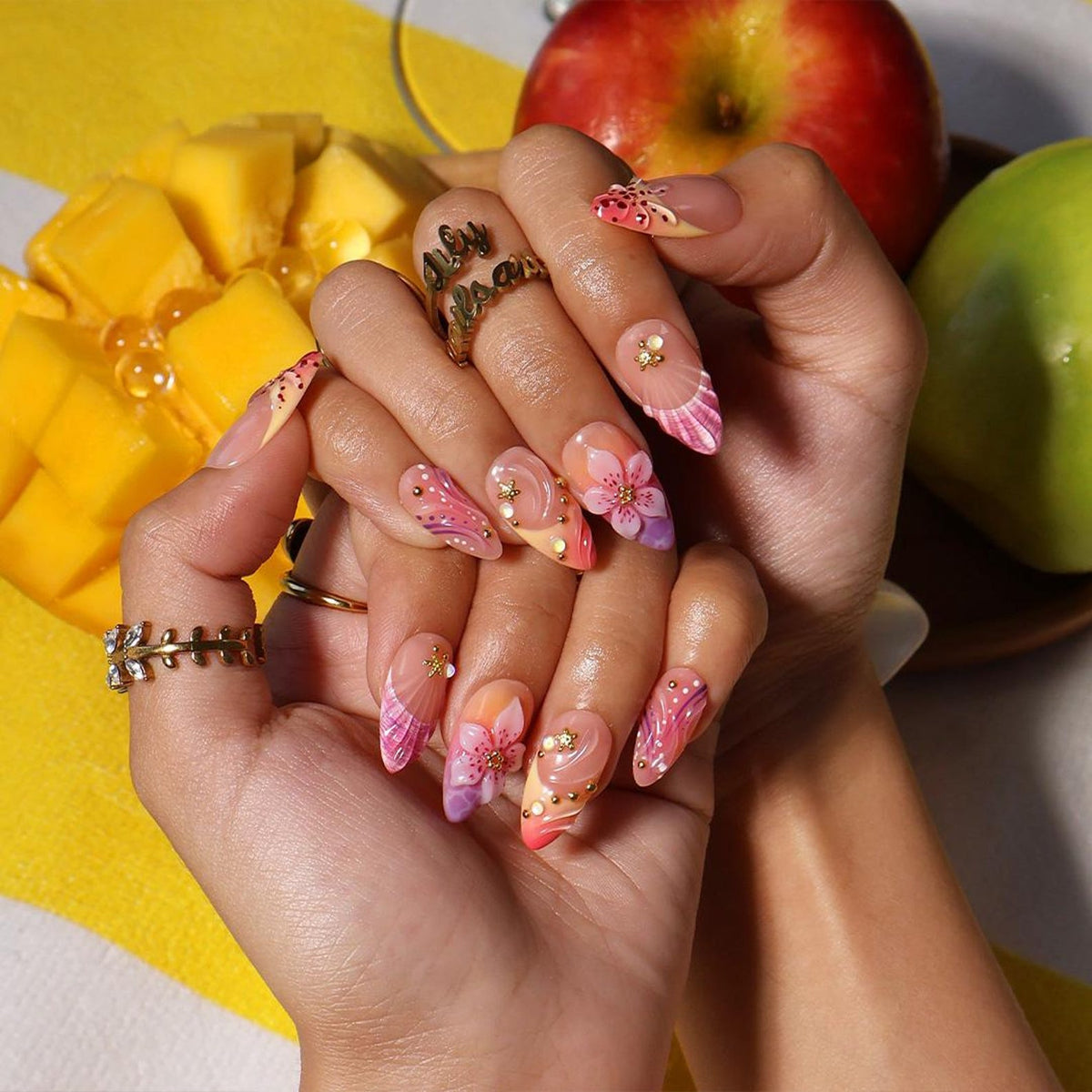 Summer Press On Nails With Seashell, Hibiscus Flower & Starfish Details | Medium Almond Fake Nails | Handmade Nail Art For Holiday and Daily
