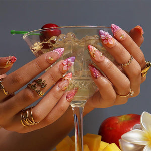 Summer Press On Nails With Seashell, Hibiscus Flower & Starfish Details | Medium Almond Fake Nails | Handmade Nail Art For Holiday and Daily