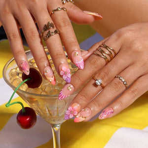 Summer Press On Nails With Seashell, Hibiscus Flower & Starfish Details | Medium Almond Fake Nails | Handmade Nail Art For Holiday and Daily