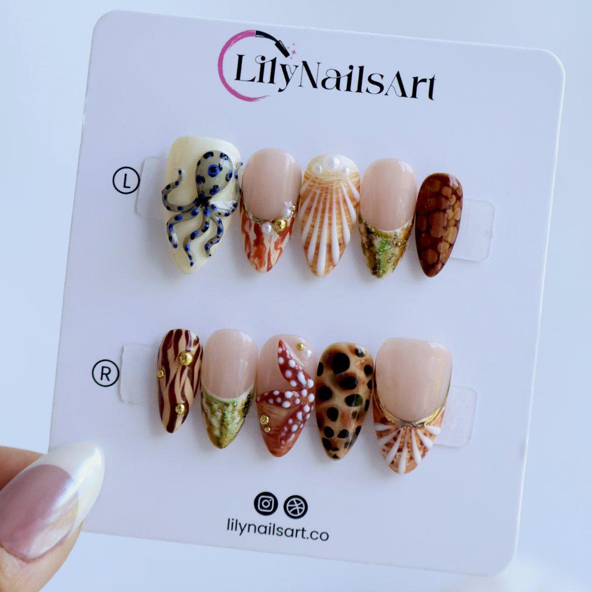 Ocean Life Summer Press On Nails With Octopus, Seashell & Starfish Details | Medium Almond Fake Nails | Handmade Nail Art For Beach Vacation
