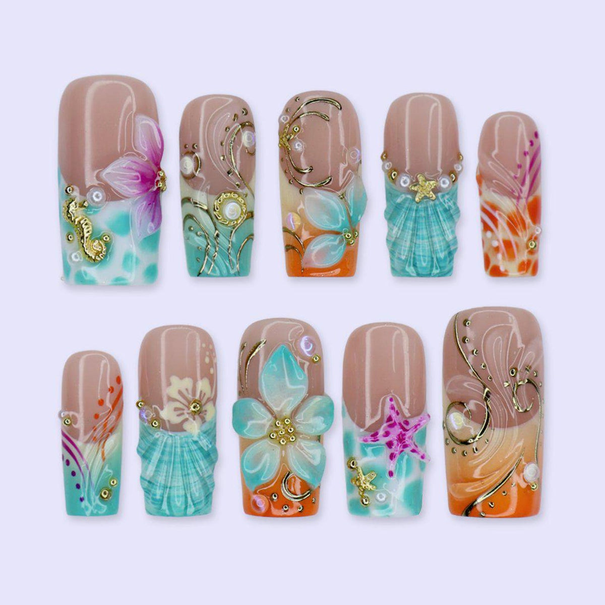 Summer Press On Nails With Seashell, Seahorse & Hibiscus Flower | Medium Square Fake Nails | Handmade Nail Art For Luxury Vacation and Gift